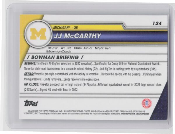 2023 Bowman University Chrome JJ McCarthy Refractor #124 Wolverines - Image 3