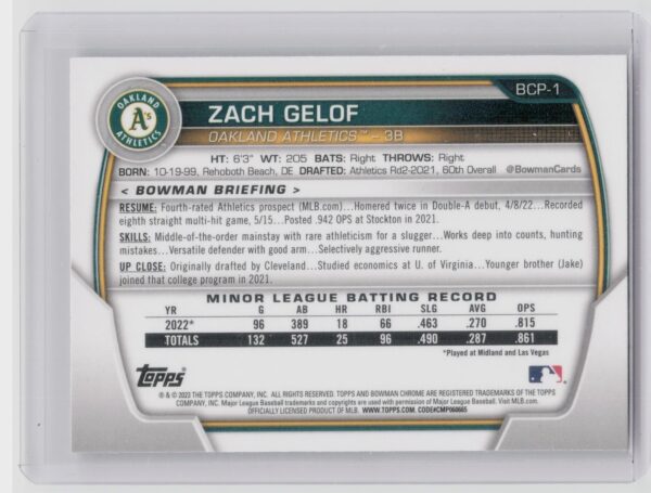 2023 Bowman Zack Gelof #BCP-1 Athletics Chrome Prospects - Image 3