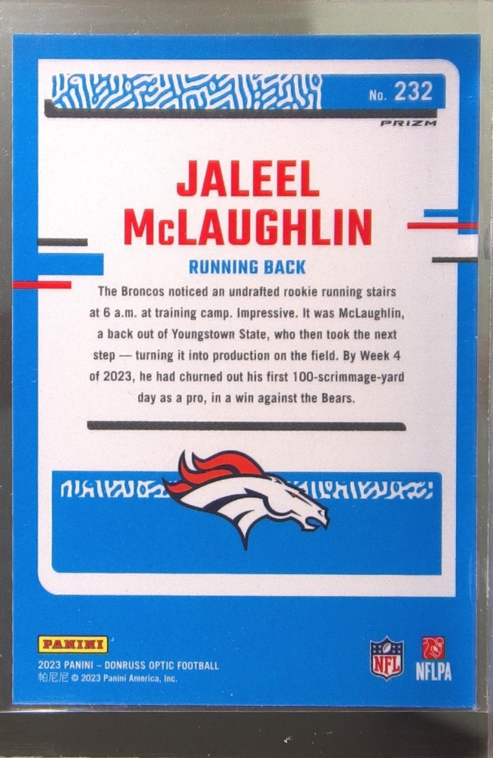 2023 Donruss Optic Jaleel McLaughlin Holo RC #232 Broncos - Image 3
