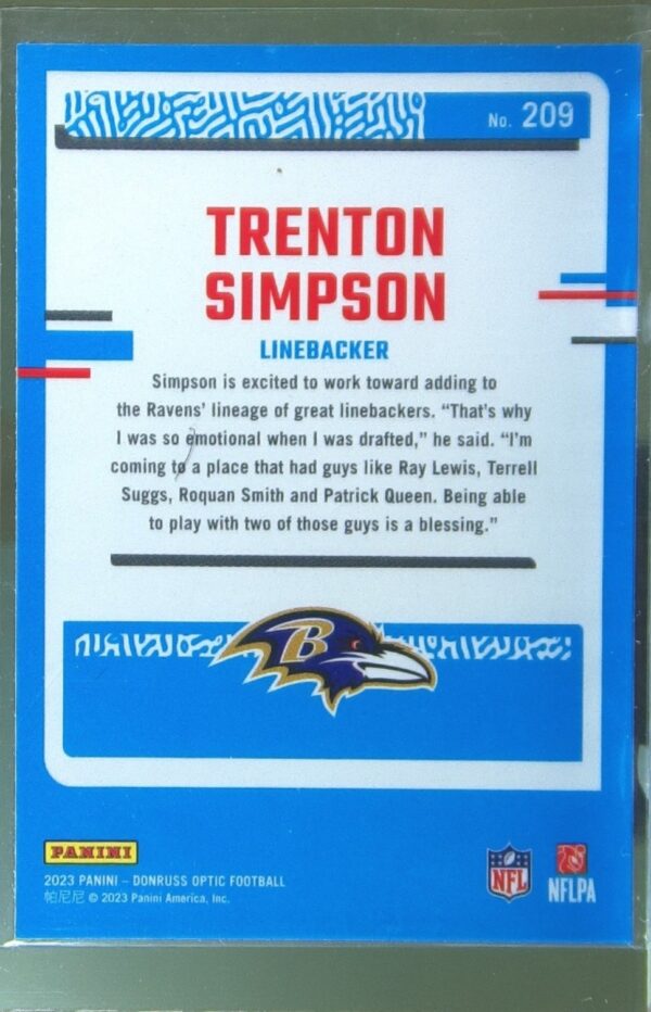 2023 Donruss Optic Trenton Simpson RC #209 Ravens - Image 3