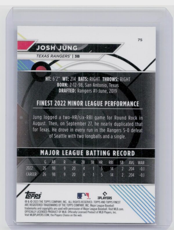 2023 Finest Josh Jung RC #75 Rangers - Image 3