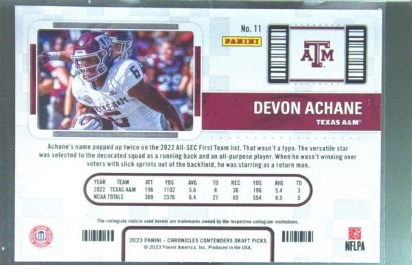 2023 Panini Chronicles Draft Picks Devon Achane RC #11 Aggies Contenders College - Image 3