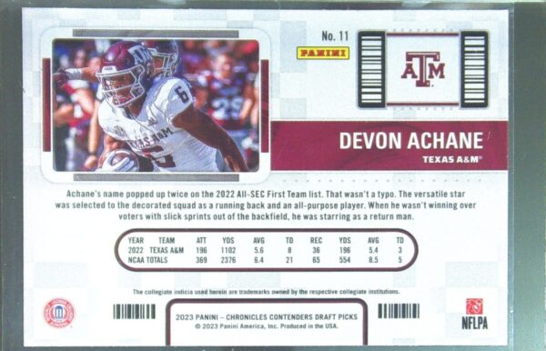 2023 Panini Chronicles Draft Picks Devon Achane RC #11 Aggies Contenders College - Image 3
