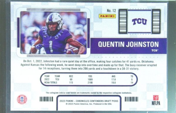 2023 Panini Chronicles Draft Picks Quentin Johnston #12 Frogs Contenders College - Image 3