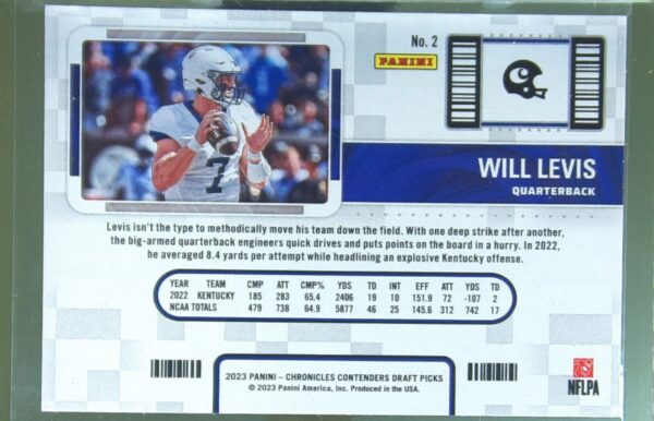 2023 Panini Chronicles Draft Picks Will Levis RC #2 Wildcats Contenders College - Image 3