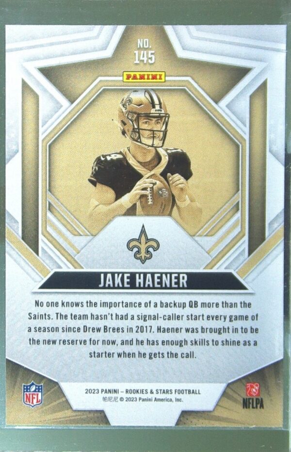 2023 Panini Rookies & Stars Jake Haener Green RC #145 Saints - Image 3