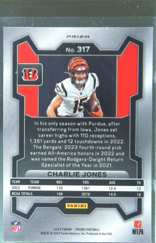 2023 Prizm Charlie Jones Purple Pulsar RC #317 Bengals - Image 3