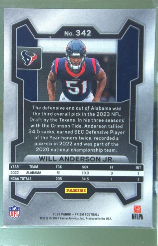2023 Prizm Will Anderson Jr. RC #342 Texans - Image 3