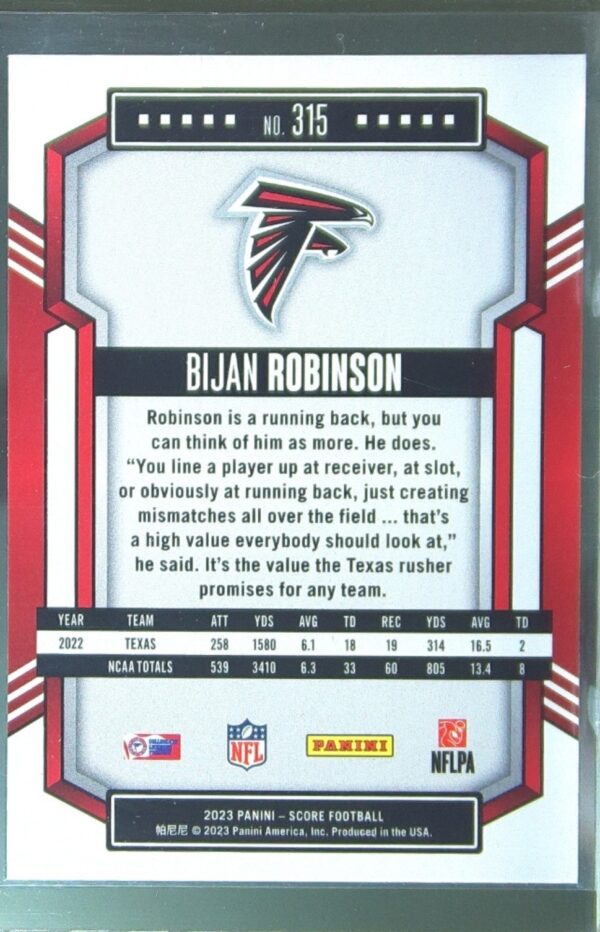 2023 Score Bijan Robinson RC #315 Falcons - Image 3