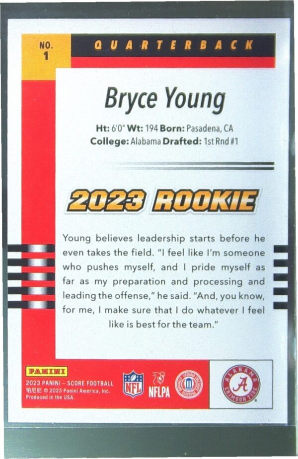 2023 Score Bryce Young RC #1 Tide 2003 Throwback Rookies - Image 3