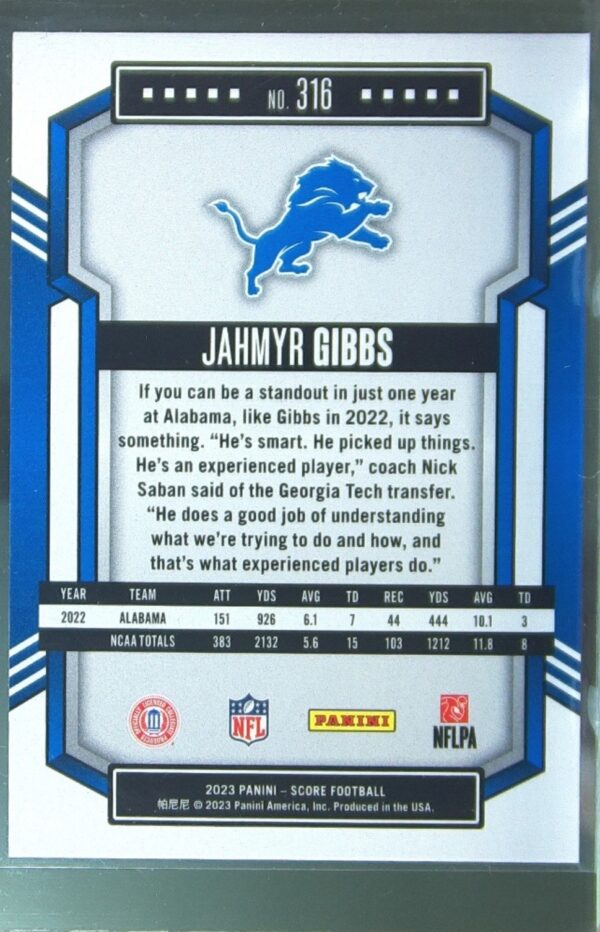 2023 Score Jahmyr Gibbs RC #316 Lions - Image 3