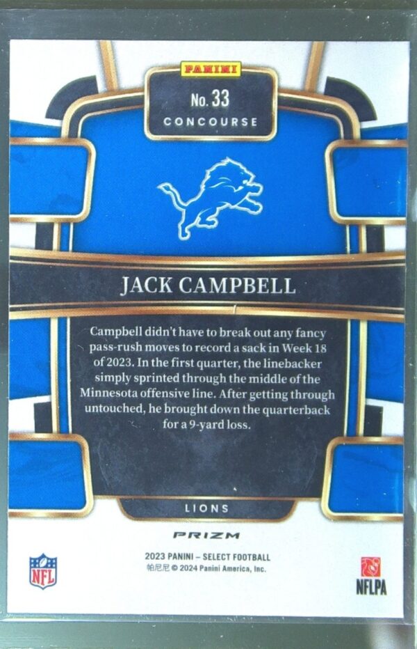 2023 Select Jack Campbell Silver Prizms RC #33 Lions - Image 3