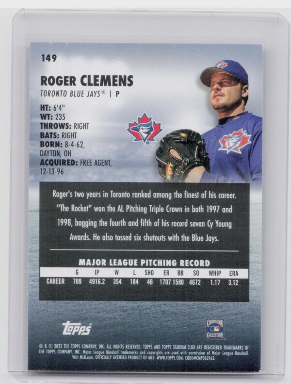 2023 Stadium Club Roger Clemens #149 Jays - Image 3