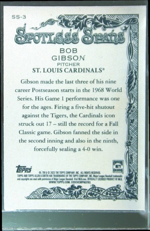 2023 Topps Allen & Ginter Bob Gibson #SS-3 Cardinals Spotless Spans - Image 3