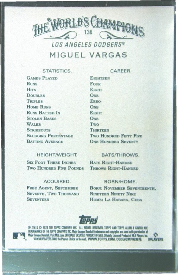 2023 Topps Allen & Ginter Miguel Vargas RC #136 Dodgers - Image 3