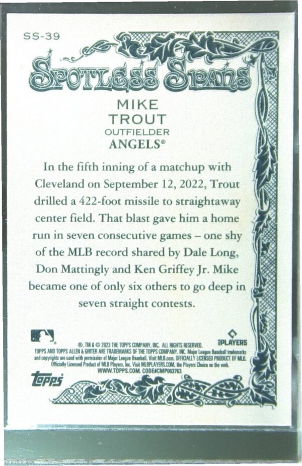2023 Topps Allen & Ginter Mike Trout #SS-39 Angels Spotless Spans - Image 3