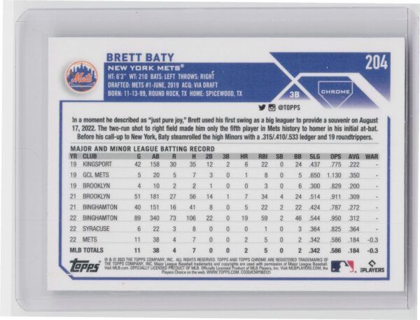 2023 Topps Chrome Brett Baty RC #204 Mets - Image 3