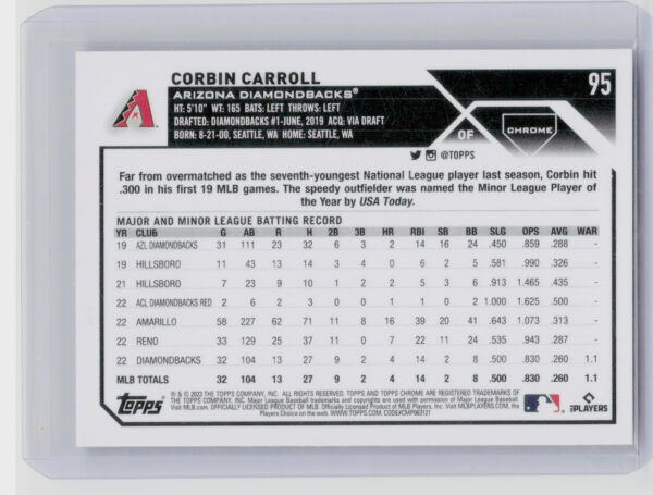 2023 Topps Chrome Corbin Carroll RC #95 Diamondbacks - Image 3