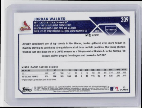 2023 Topps Chrome Jordan Walker RC #209 Cardinals - Image 3
