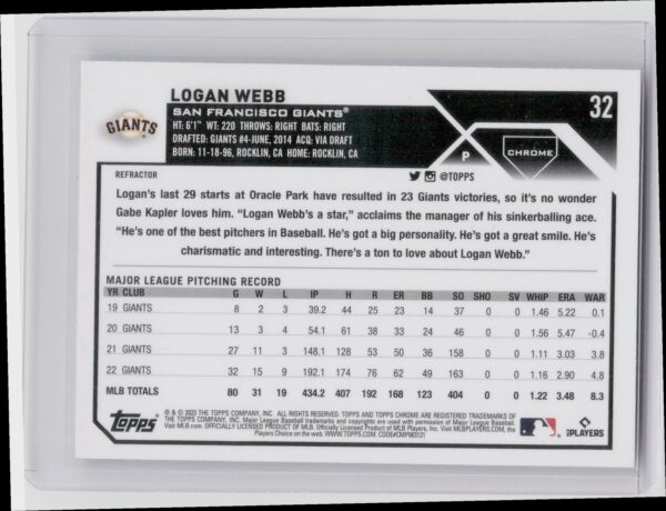2023 Topps Chrome Logan Webb Refractor #32 Giants - Image 3