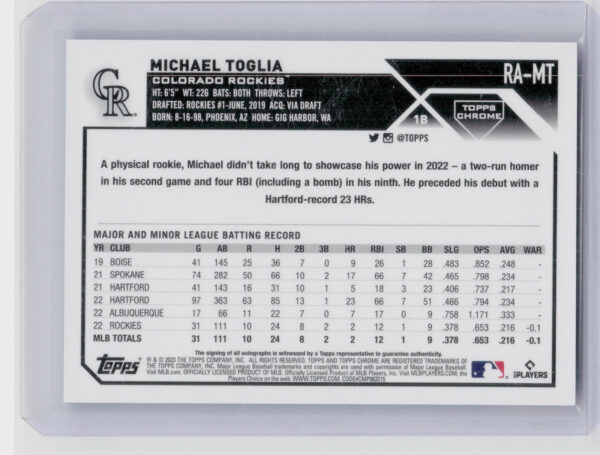 2023 Topps Chrome Michael Toglia AU SN150 #RA-MT Rockies Rookie Autographs Blue - Image 3
