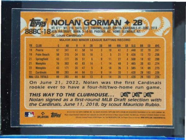 2023 Topps Chrome Nolan Gorman #88BC-18 Cardinals 1988 Topps Baseball - Image 3