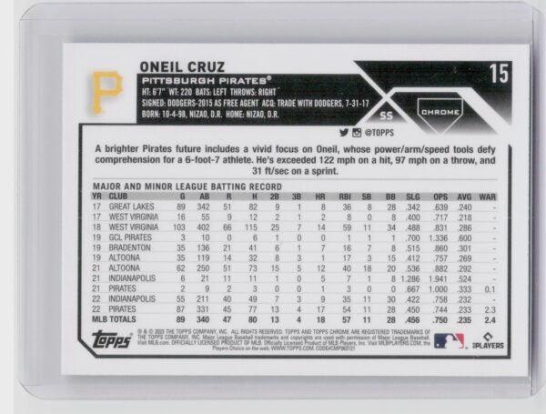 2023 Topps Chrome Oneil Cruz X Fractor #15 Pirates - Image 3