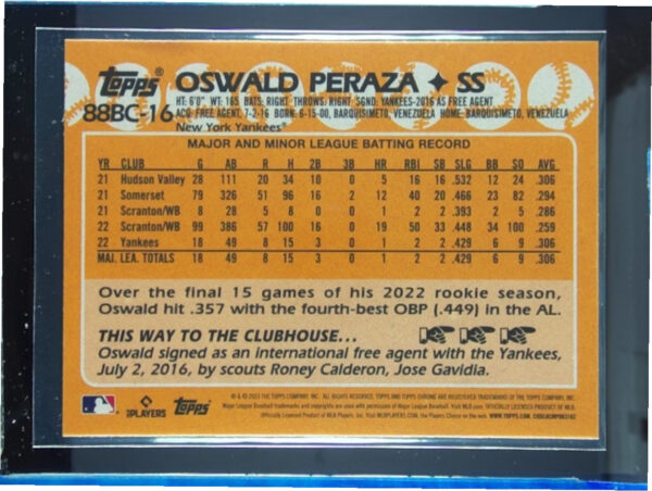 2023 Topps Chrome Oswald Peraza #88BC-16 Yankees 1988 Topps Baseball - Image 3