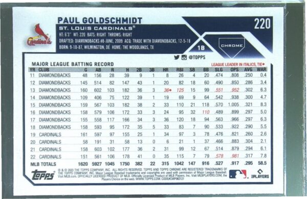 2023 Topps Chrome Paul Goldschmidt X Fractors #220 Cardinals - Image 3