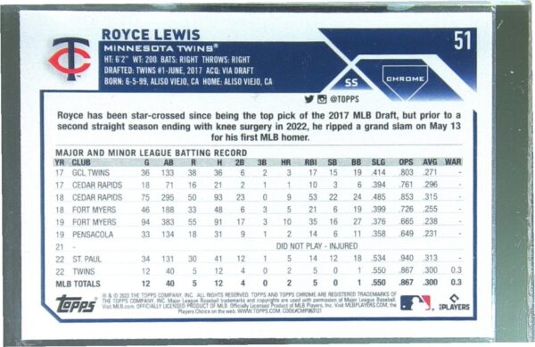 2023 Topps Chrome Royce Lewis X Fractor #51 Twins - Image 3
