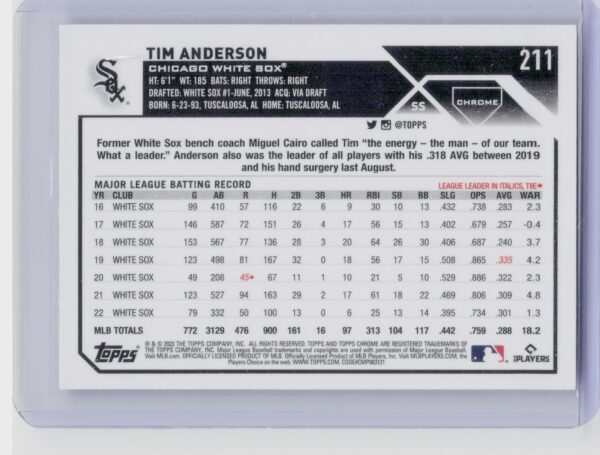 2023 Topps Chrome Tim Anderson #211 White Sox - Image 3