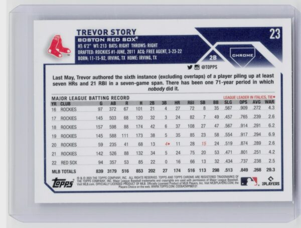 2023 Topps Chrome Trevor Story Negative Refractor #23 Boston Red Sox - Image 3