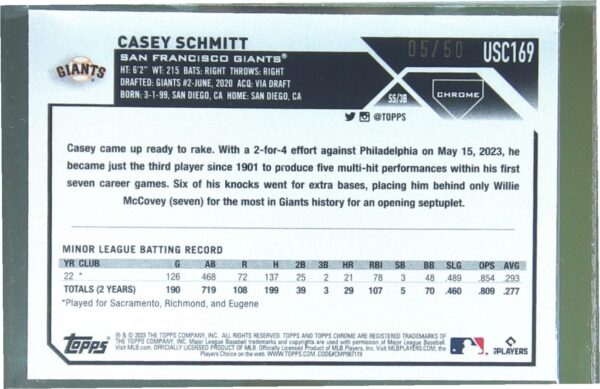 2023 Topps Chrome Update Casey Schmitt Gold /50 RC #USC169 Giants - Image 3