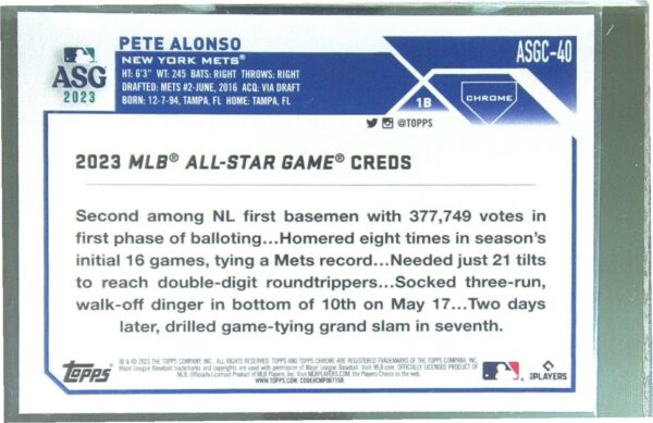 2023 Topps Chrome Update Pete Alonso #ASGC-40 Mets 2023 All Star Game - Image 3
