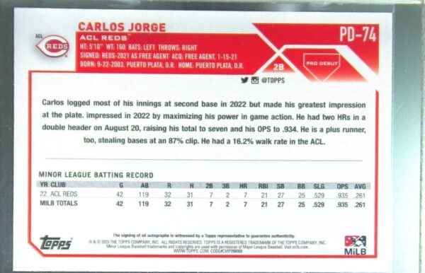 2023 Topps Pro Debut Carlos Jorge Auto #PD-74 Reds Autographs - Image 3
