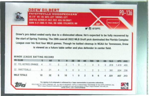 2023 Topps Pro Debut Drew Gilbert Auto #PD-136 Woodpeckers Autographs - Image 3