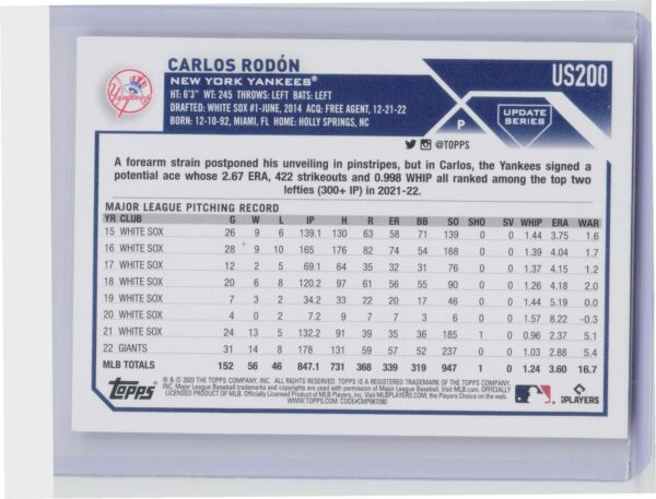 2023 Topps Update Carlos Rodon Silver Pattern Foilboard #US200 Yankees - Image 3