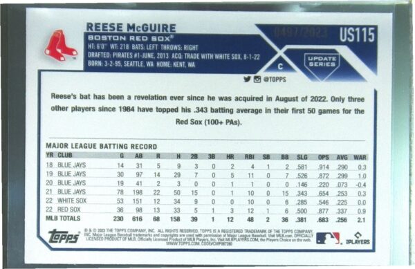 2023 Topps Update Reese McGuire Gold /2023 #US115 Sox - Image 3
