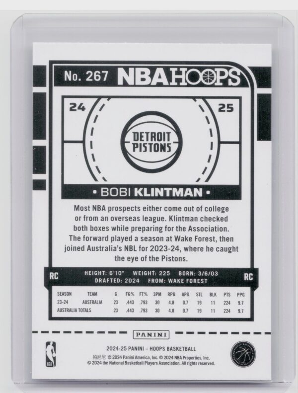 2024-25 Hoops Bobi Klintman RC #267 Pistons - Image 3