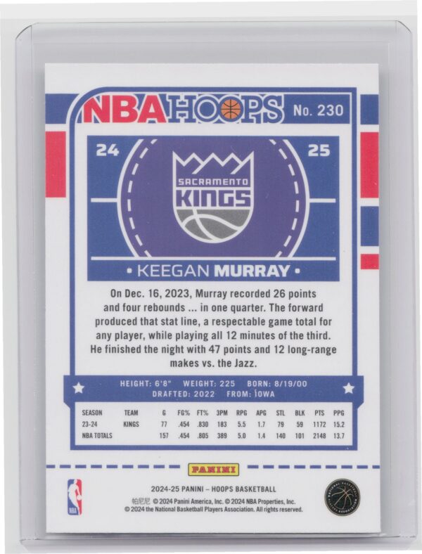 2024-25 Hoops Keegan Murray Premium #230 Kings - Image 3