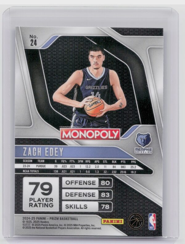 2024-25 Panini Prizm Monopoly Zach Edey RC 24 Grizzlies - Image 3