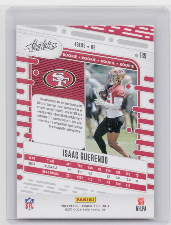 2024 Absolute Isaac Guerendo Red and Blue RC 189 49ers - Image 3