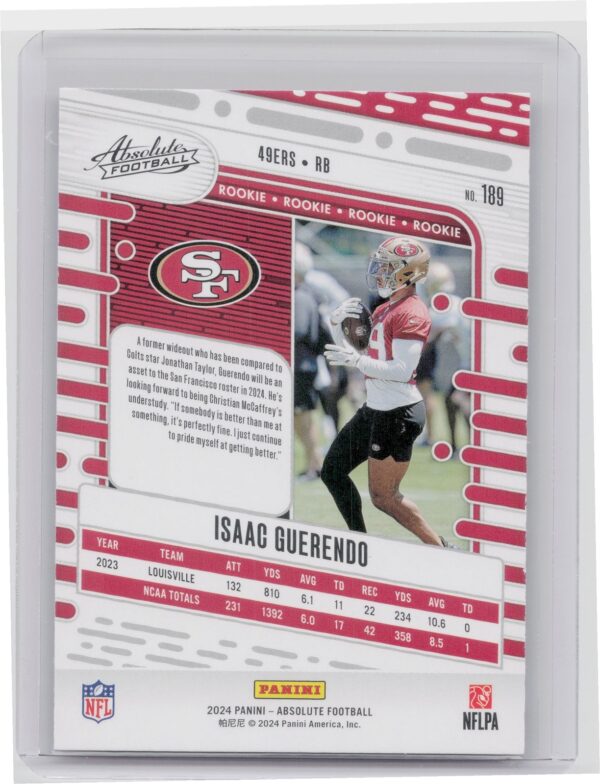 2024 Absolute Isaac Guerendo Red and Blue RC 189 49ers - Image 3