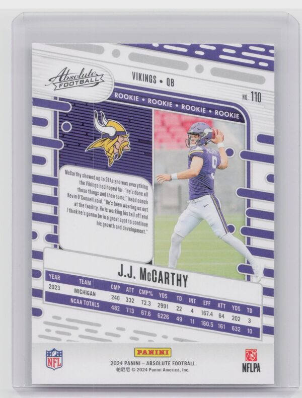 2024 Absolute J.J. McCarthy Red and Blue RC 110 Vikings - Image 3