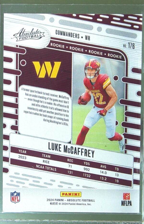 2024 Absolute Luke McCaffrey Pink RC #176 Commanders - Image 3