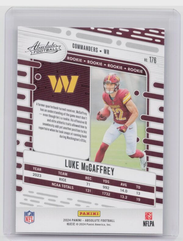 2024 Absolute Luke McCaffrey Red and Blue RC 176 Commanders - Image 3
