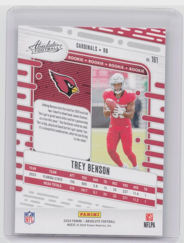 2024 Absolute Trey Benson Red and Blue RC 161 Cardinals - Image 3