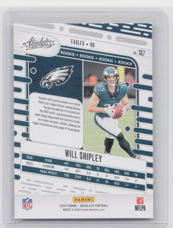 2024 Absolute Will Shipley Red and Blue RC #187 Eagles - Image 3