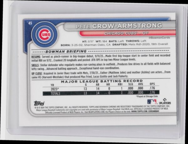 2024 Bowman Chrome Pete Crow-Armstrong RC #45 Cubs - Image 3