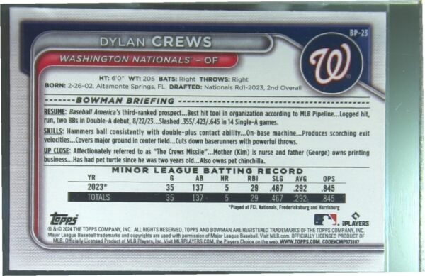 2024 Bowman Dylan Crews #BP-23 Nationals Prospects - Image 3